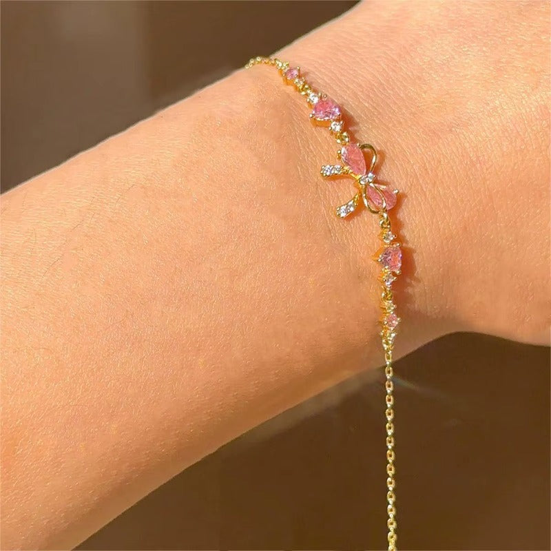 Y2K Sweet Pink Zircon Bowknot  Love Heart Bracelet |18K Gold