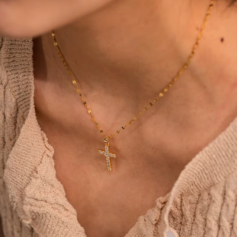 Zirconia Cross Pendant Necklace |18K Gold