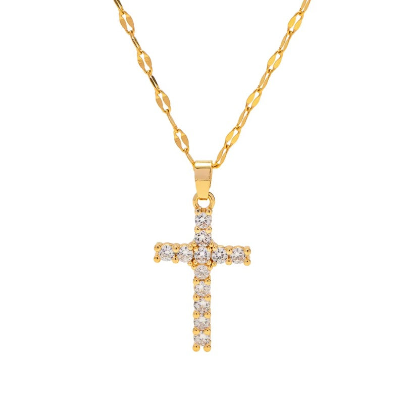 Zirconia Cross Pendant Necklace |18K Gold