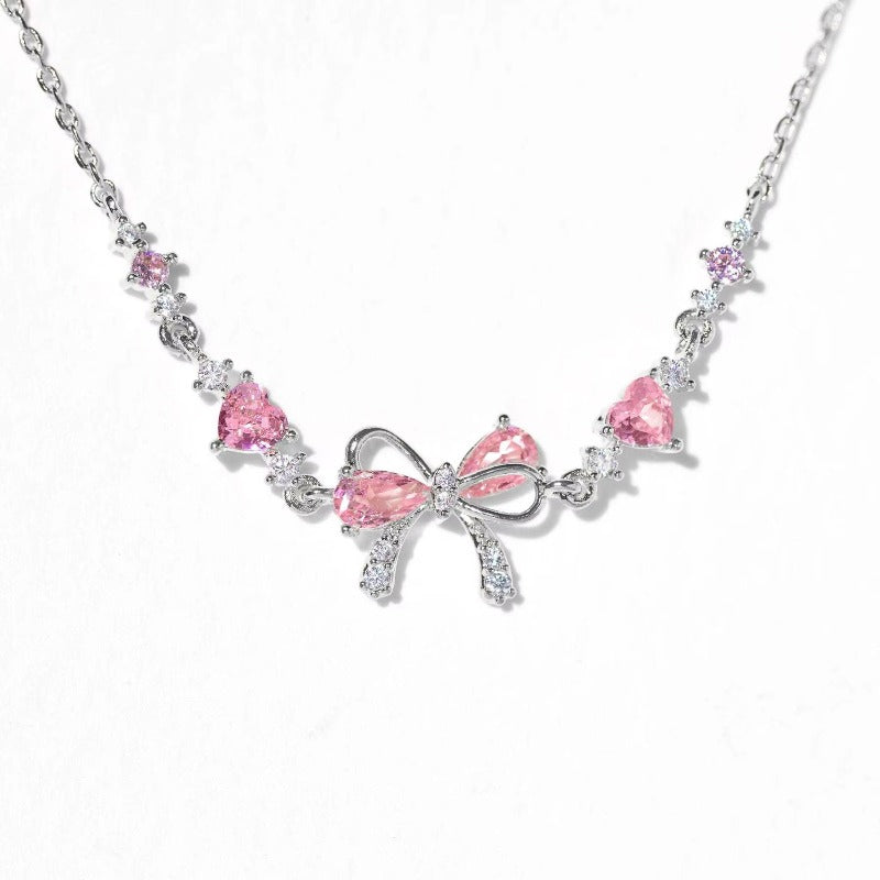 Y2K Sweet Pink Zircon Bowknot  Love Heart Bracelet |18K Gold