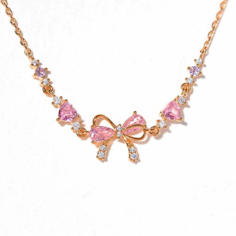 Y2K Sweet Pink Zircon Bowknot  Love Heart Bracelet |18K Gold