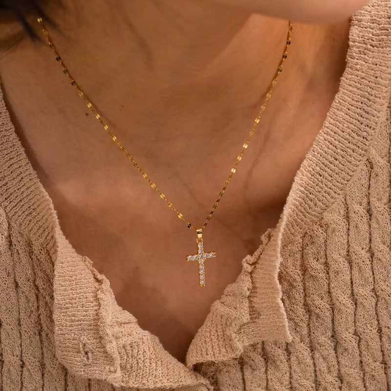 Zirconia Cross Pendant Necklace |18K Gold