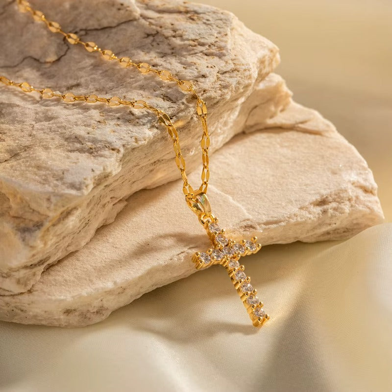 Zirconia Cross Pendant Necklace |18K Gold