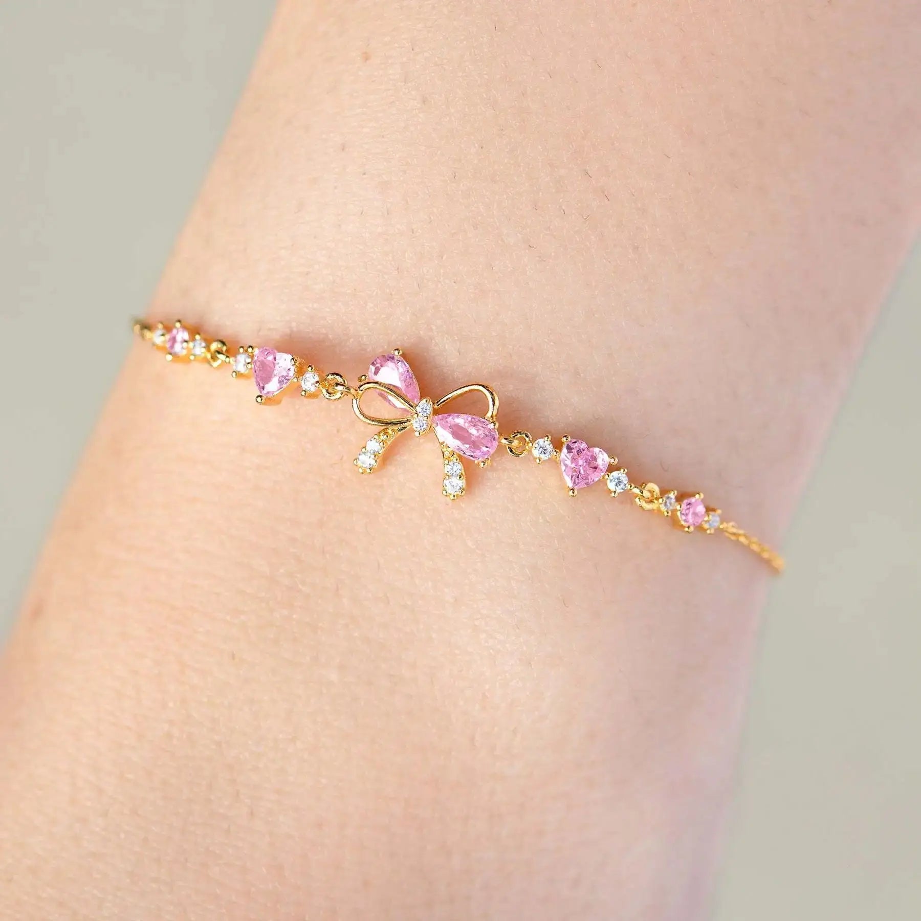 Y2K Sweet Pink Zircon Bowknot  Love Heart Bracelet |18K Gold