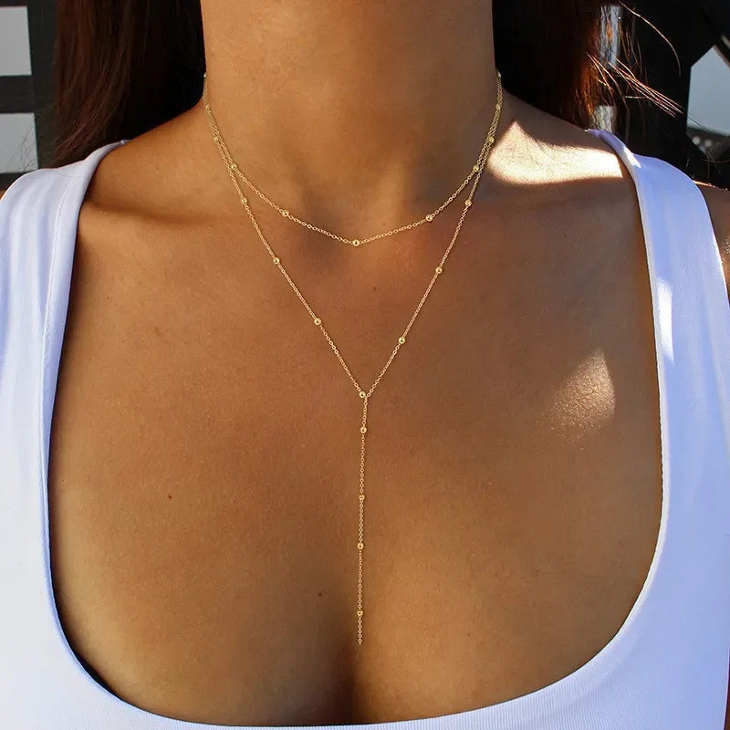 Double Laryer Long Chain Drop Pendant Choker Necklaces |Gold