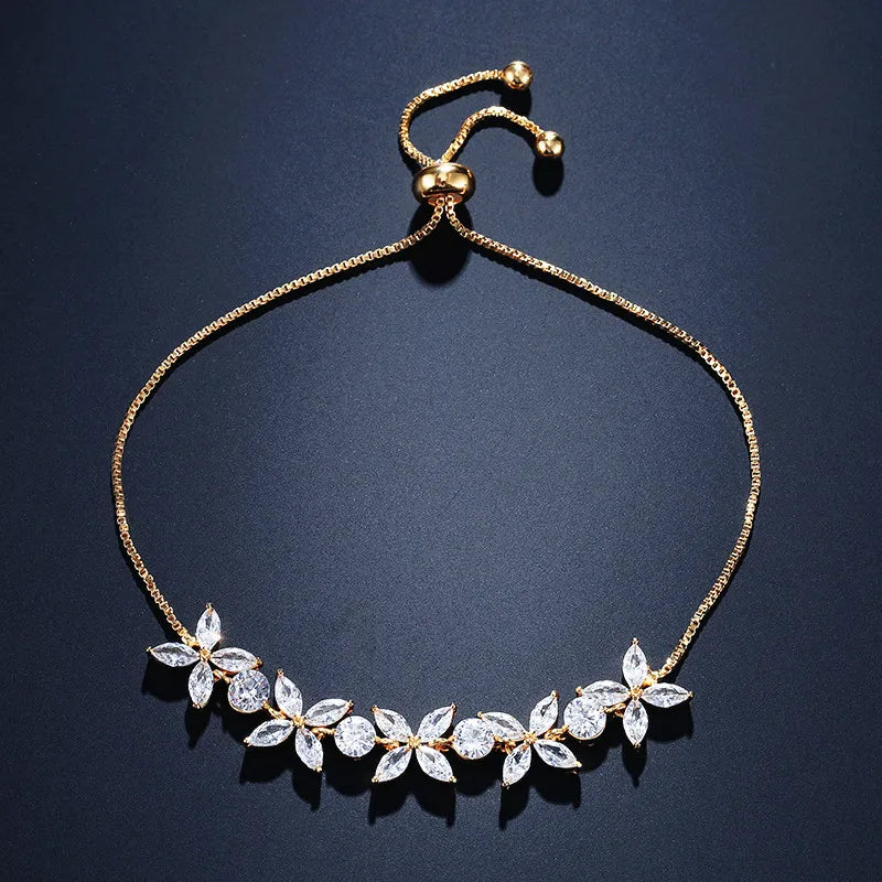 Shiny Zircon Flowers Adjustable Charm Bracelets |Gold