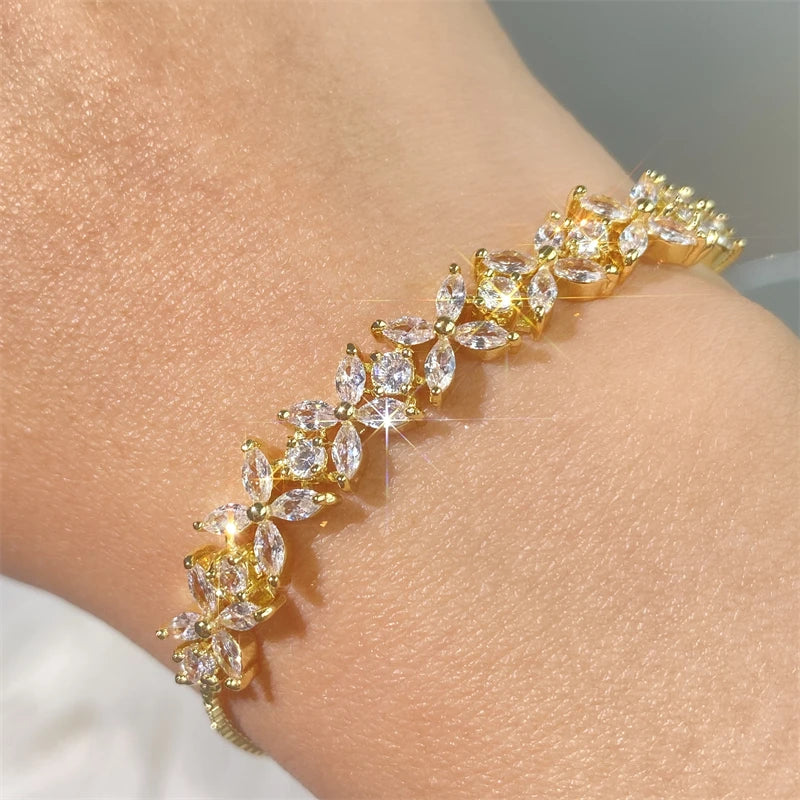 Shiny Zircon Flowers Adjustable Charm Bracelets |Gold