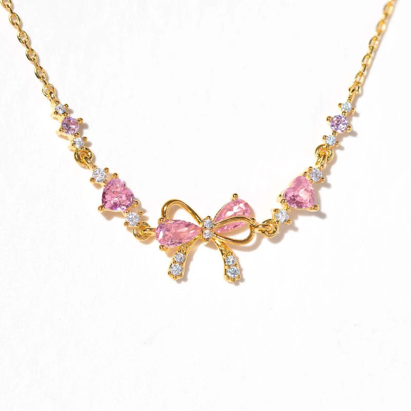 Y2K Sweet Pink Zircon Bowknot  Love Heart Bracelet |18K Gold