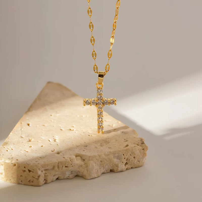 Zirconia Cross Pendant Necklace |18K Gold